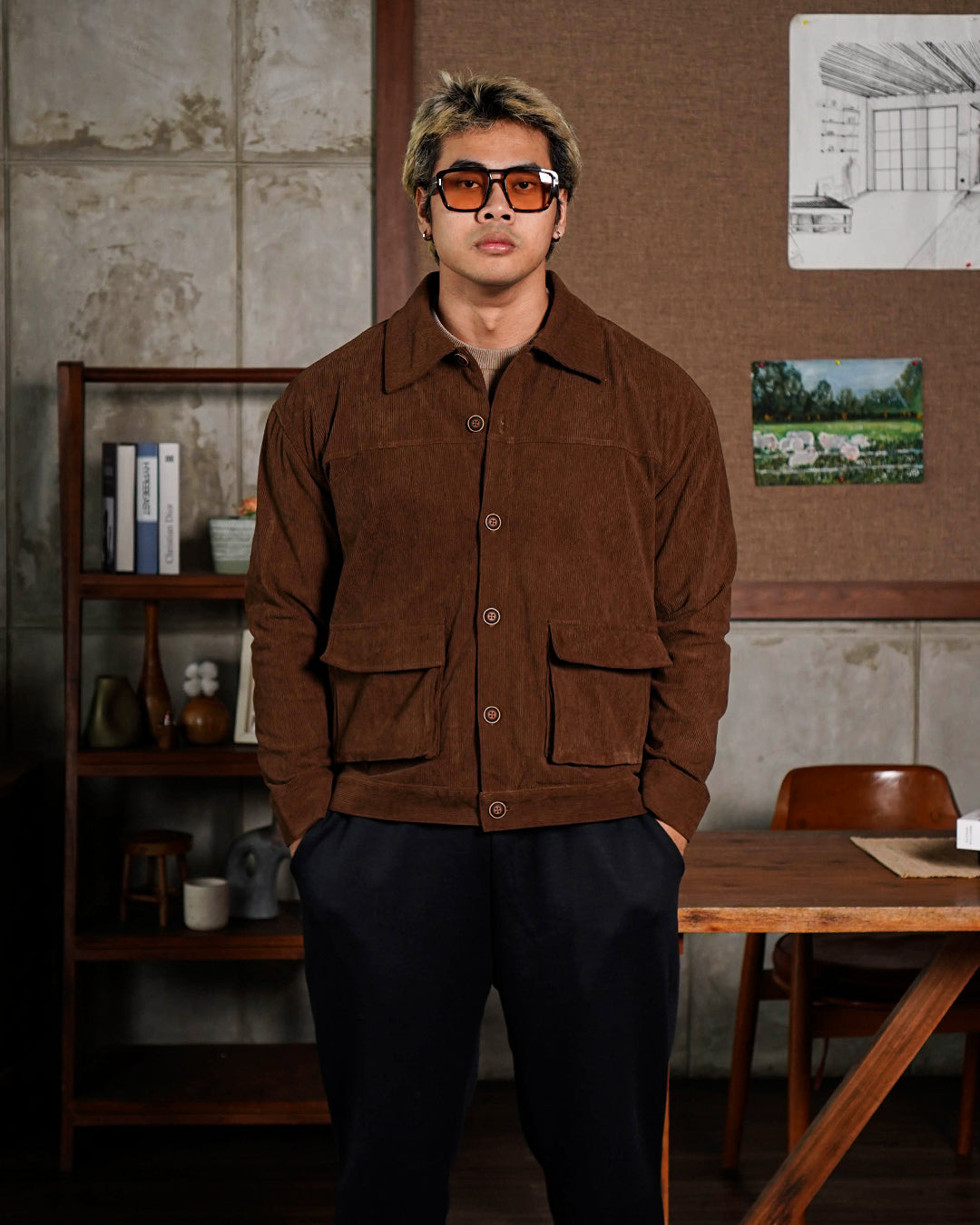 Corduroy Work Jacket Button - Brown
