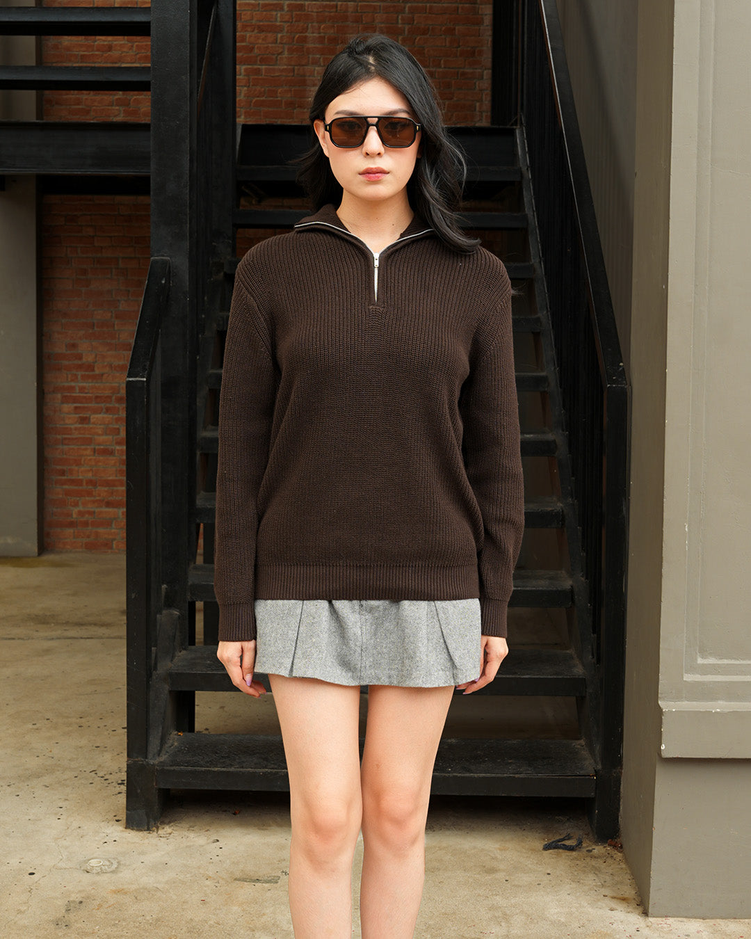 Cotton Rich Half Zip Knitwear - Coffee