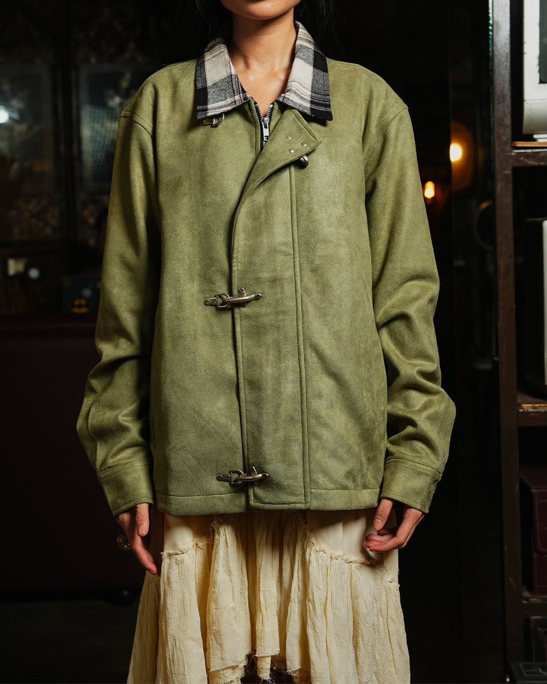 Suede Clasp Jacket mix Flannel - Sage Plaid