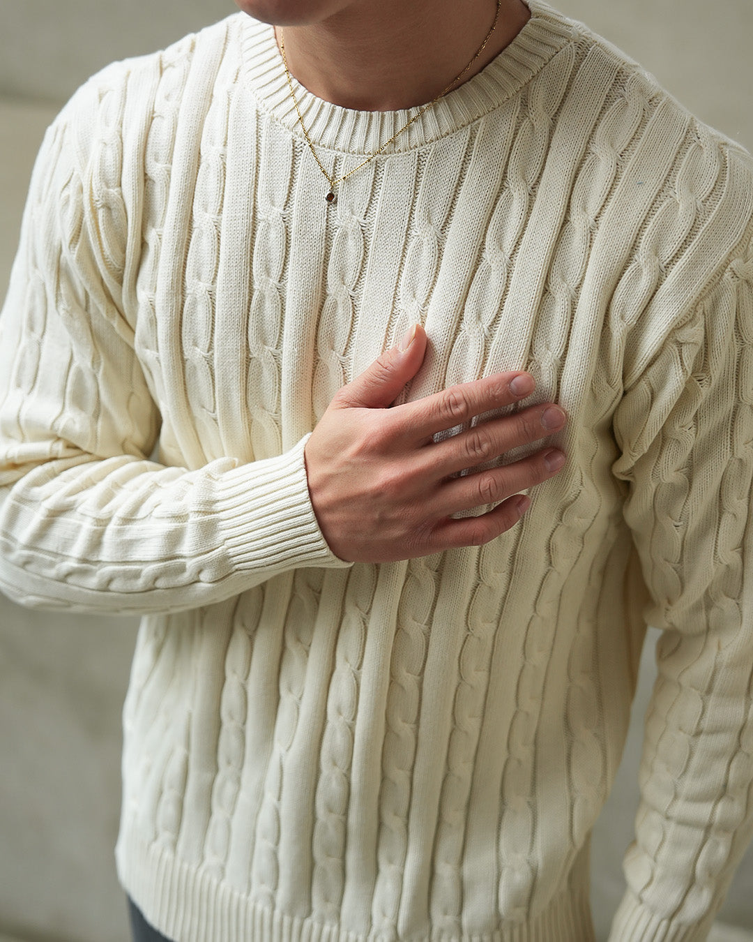 Crewneck Cable-Knit Cotton GG Sweater - Offwhite