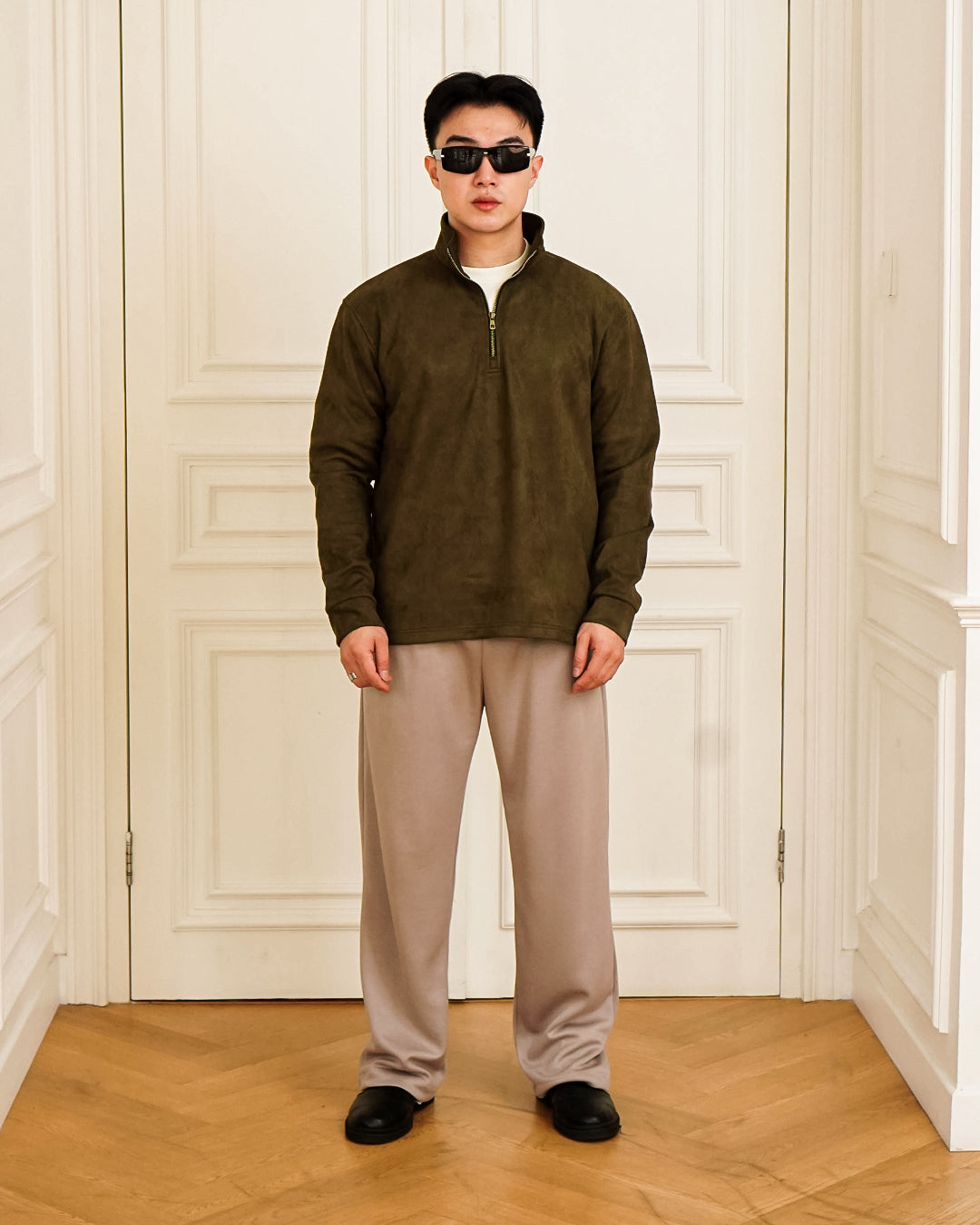 Polo Halfzip Suede Longsleeve - Olive
