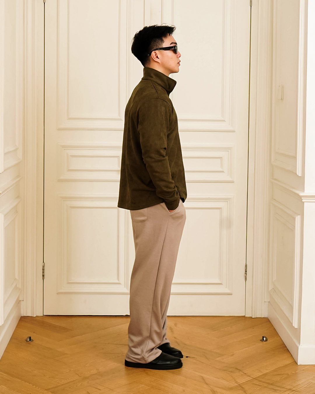 Polo Halfzip Suede Longsleeve - Olive