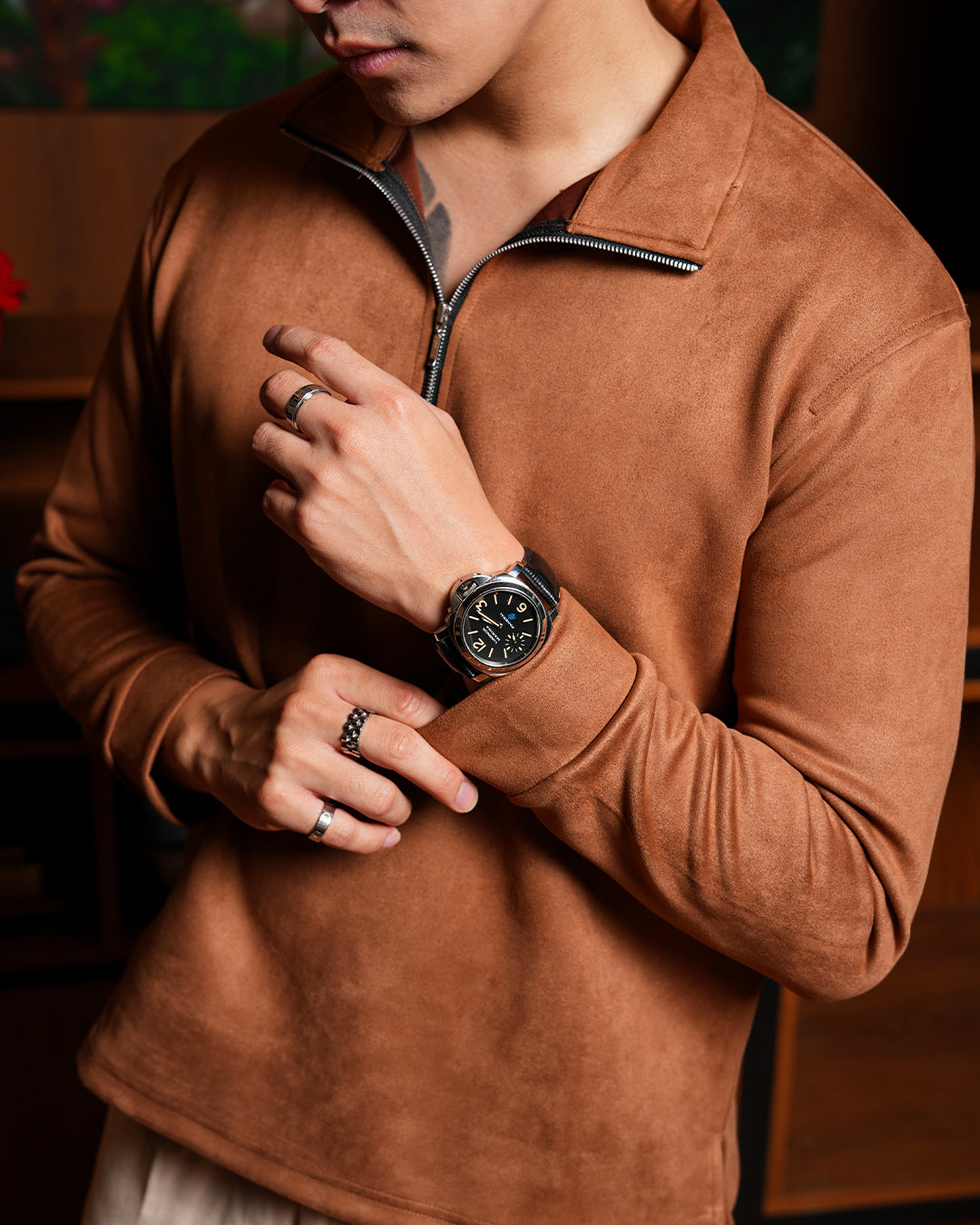Polo Halfzip Suede Longsleeve - Camel