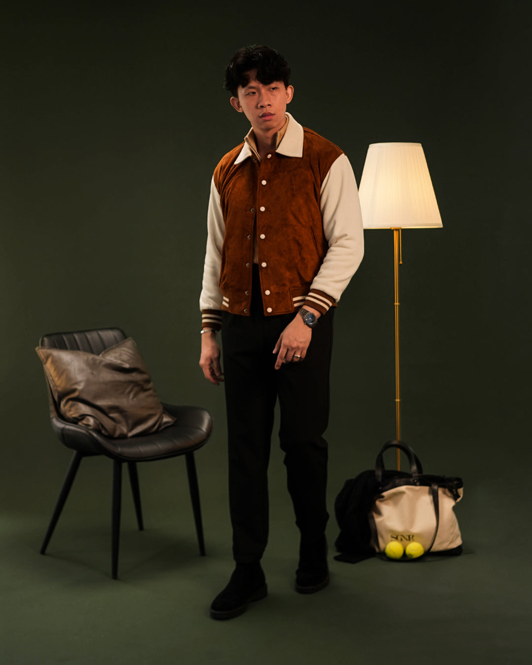 Two Tone Minimal Varsity Jacket Suede mix Fleece - Camel
