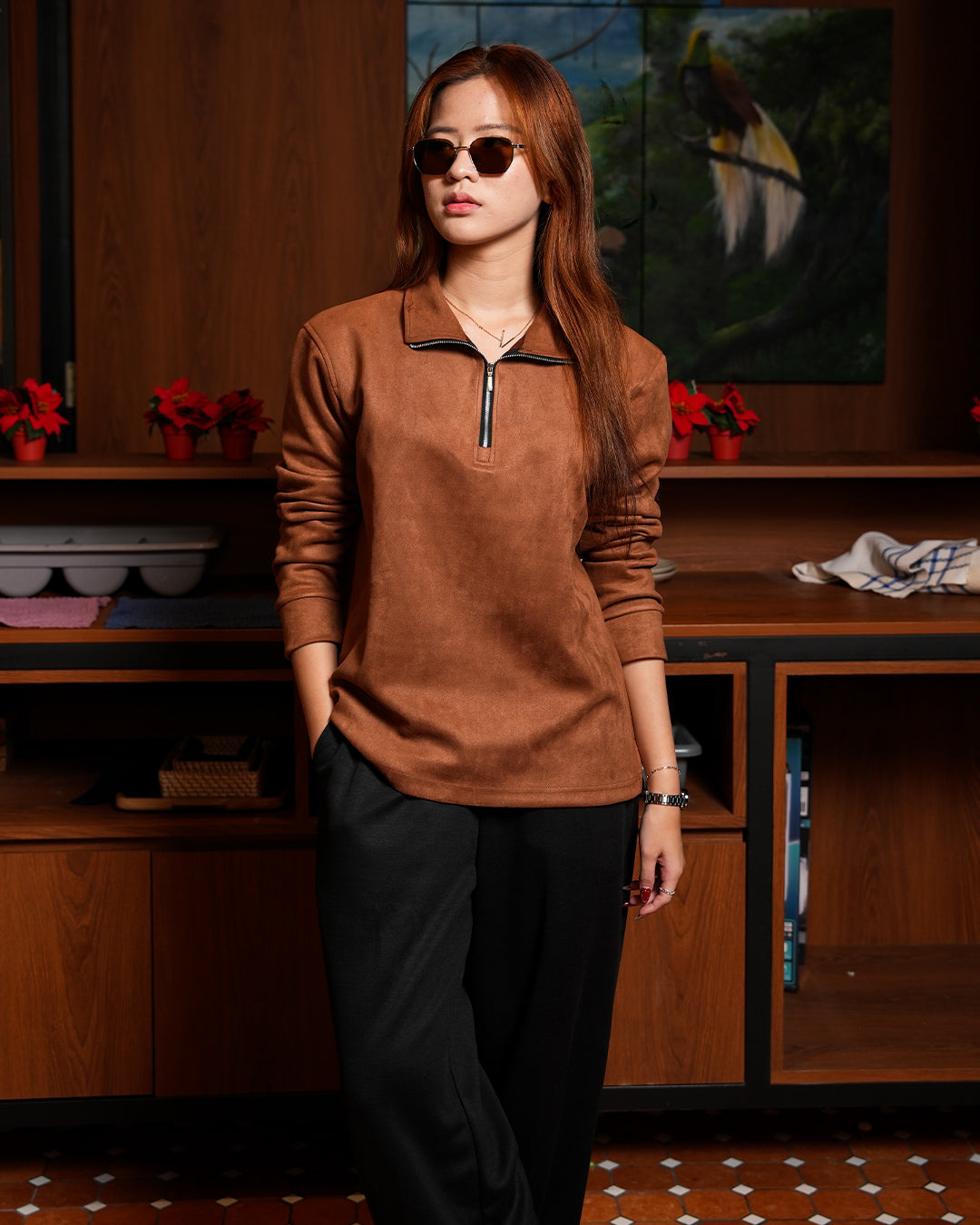 Polo Halfzip Suede Longsleeve - Camel
