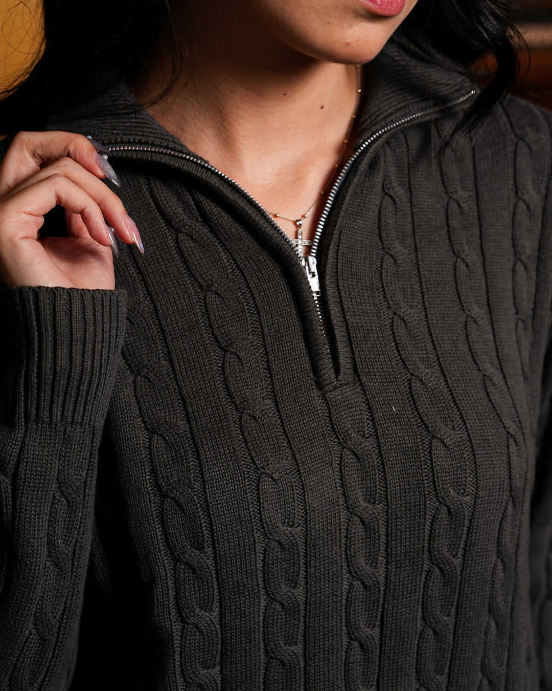 Cable-Knit Cotton GG Half-Zip Sweater - Dark Gray