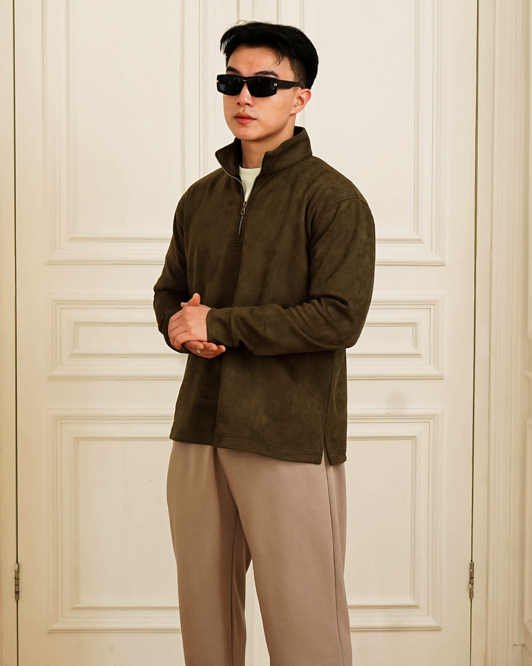 Polo Halfzip Suede Longsleeve - Olive