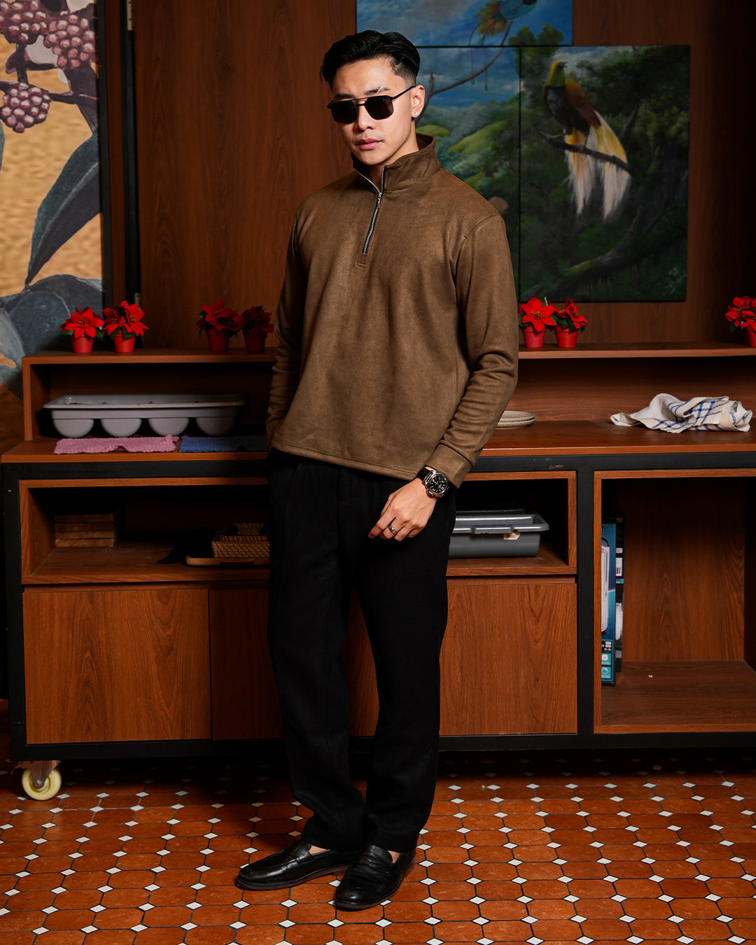 Polo Halfzip Suede Longsleeve - Army