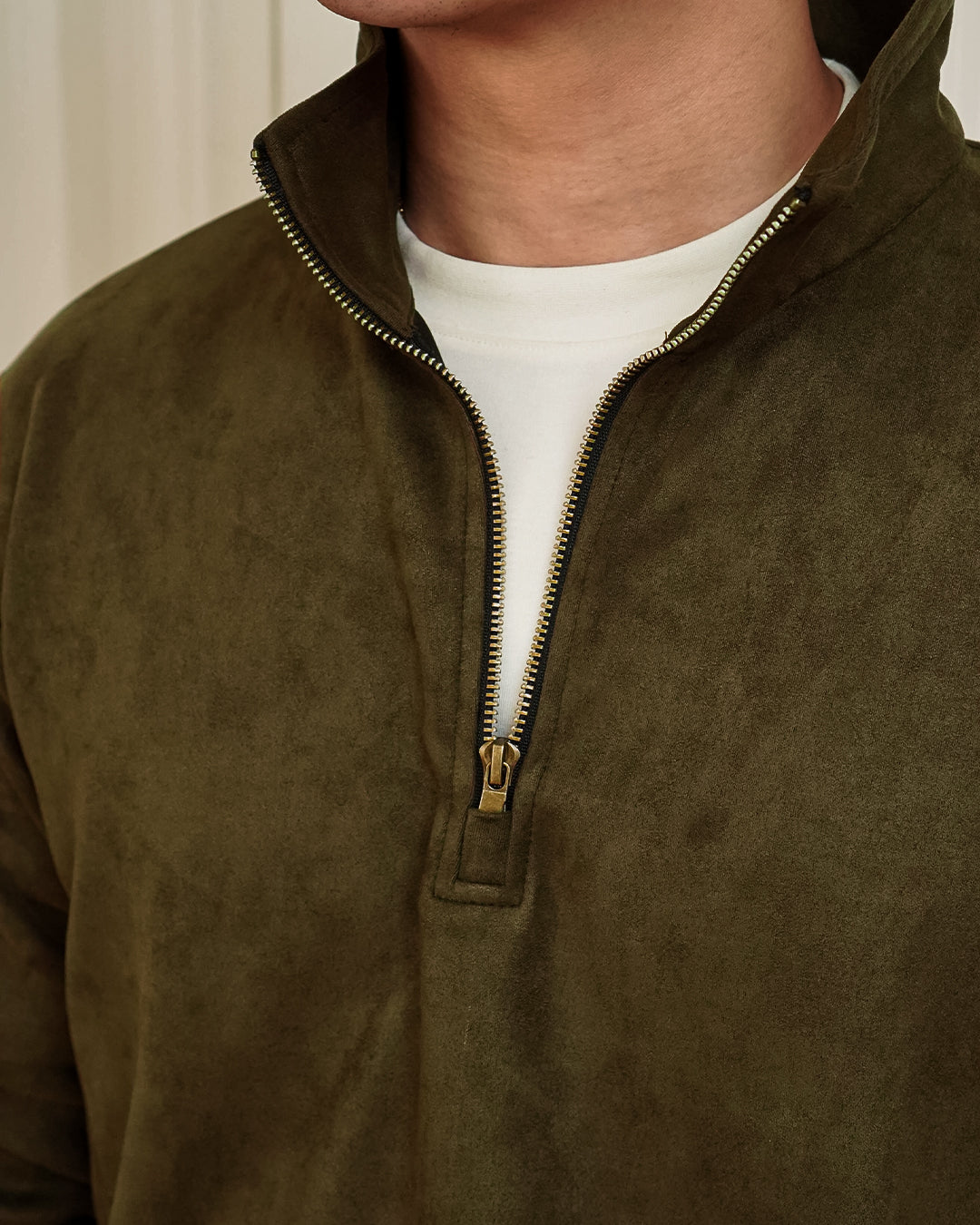Polo Halfzip Suede Longsleeve - Olive