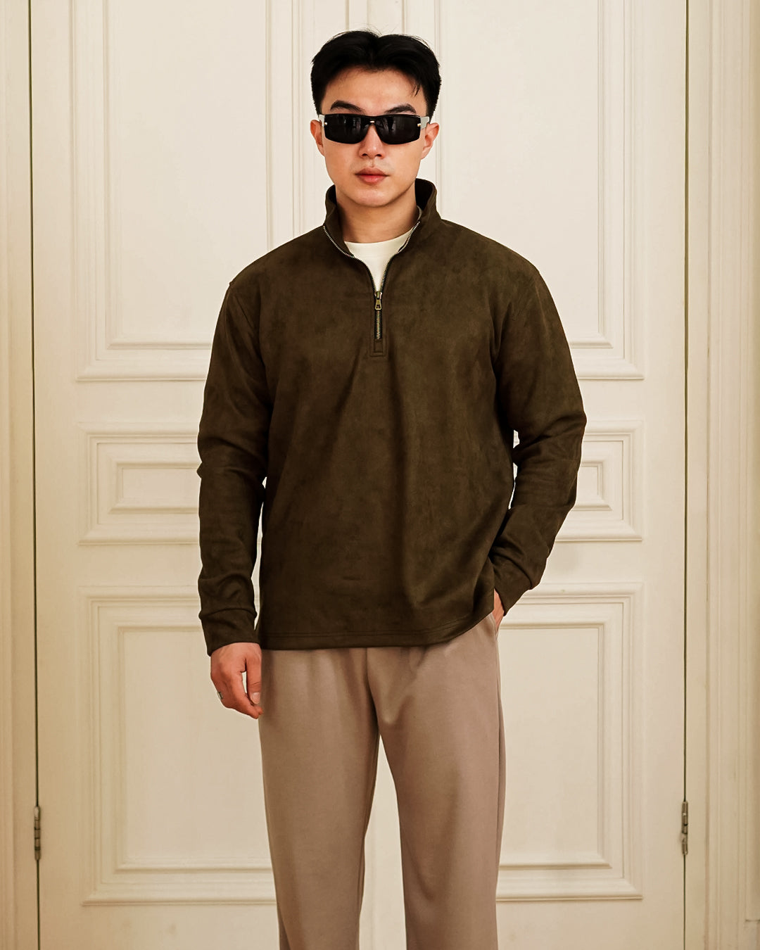 Polo Halfzip Suede Longsleeve - Olive
