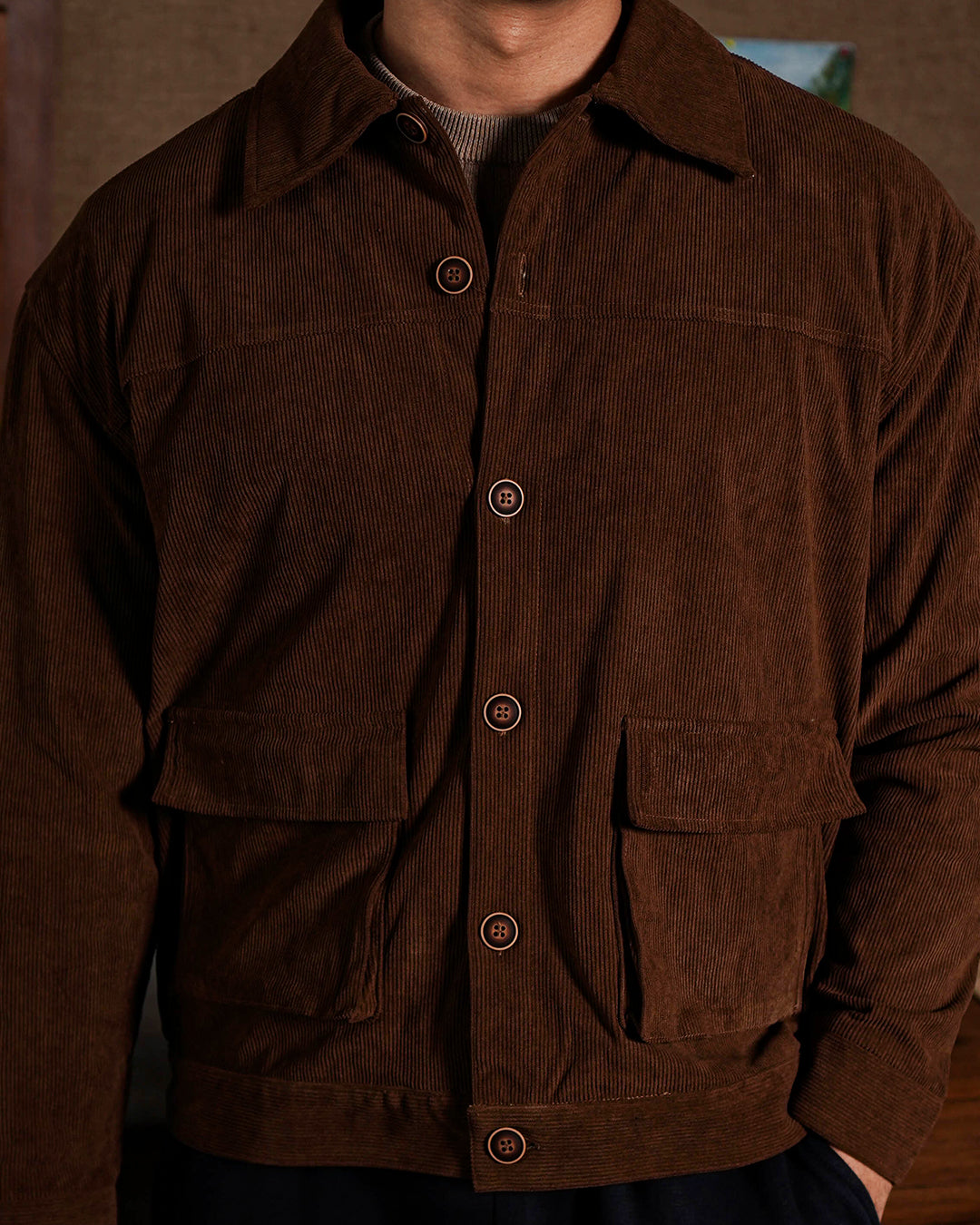 Corduroy Work Jacket Button - Brown