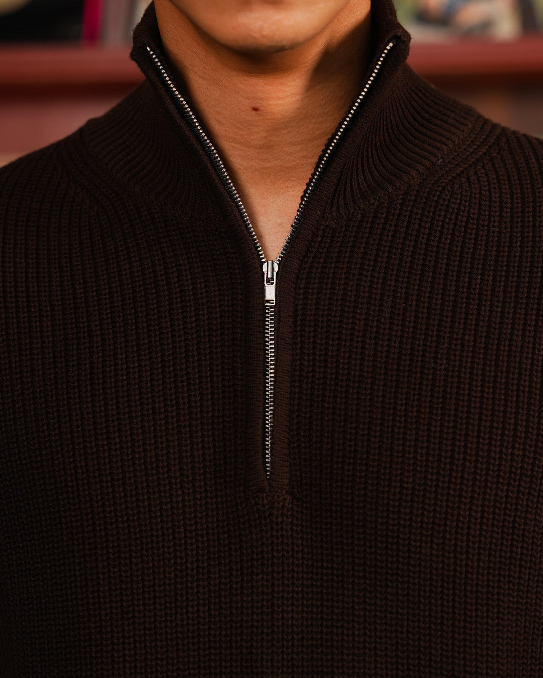 Cotton Rich Half Zip Knitwear - Coffee