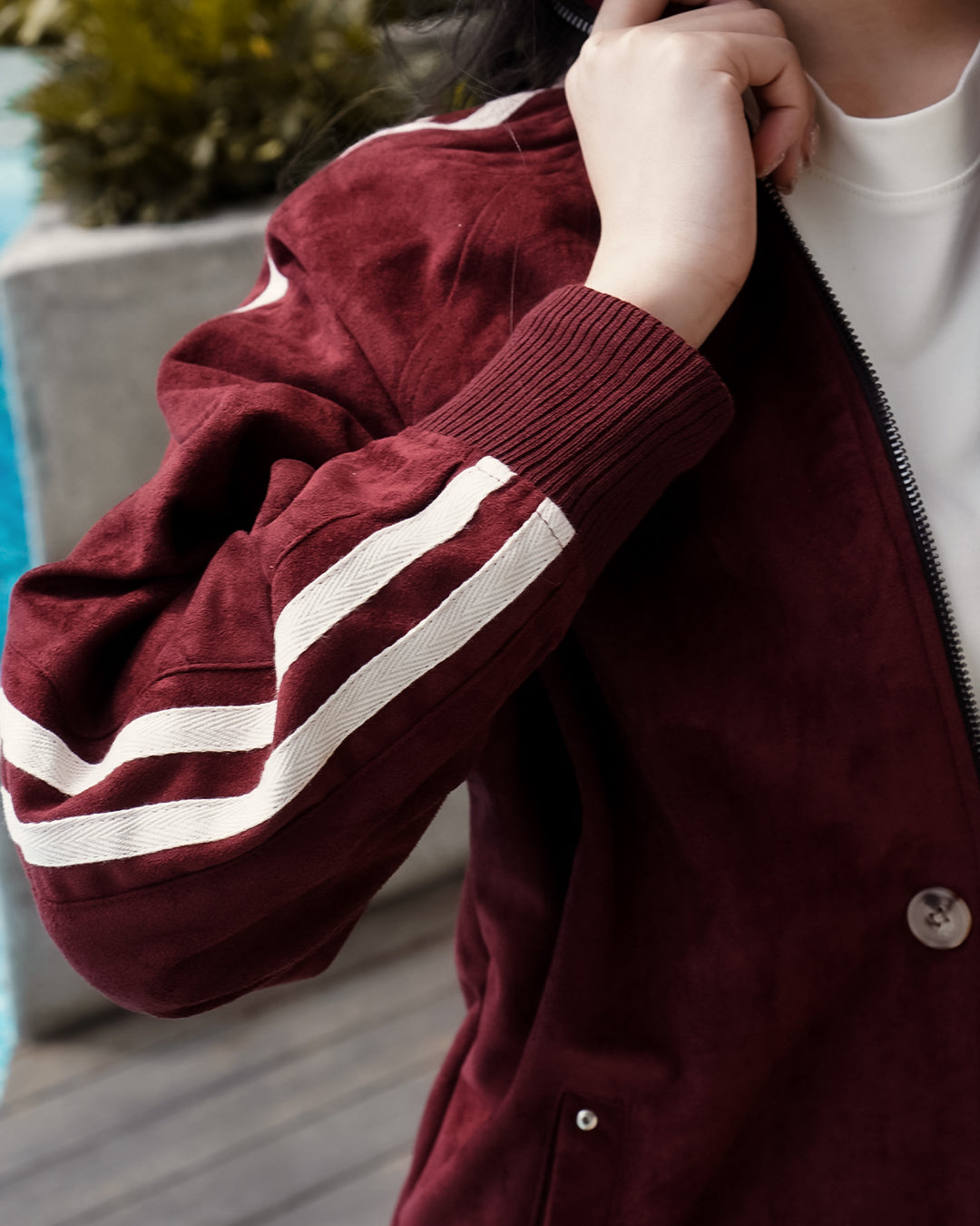 Suede Stripes Jacket w/ Button - Maroon