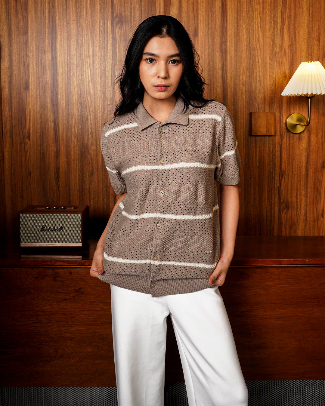 Crochet Shirt Short Sleeve - Light Brown