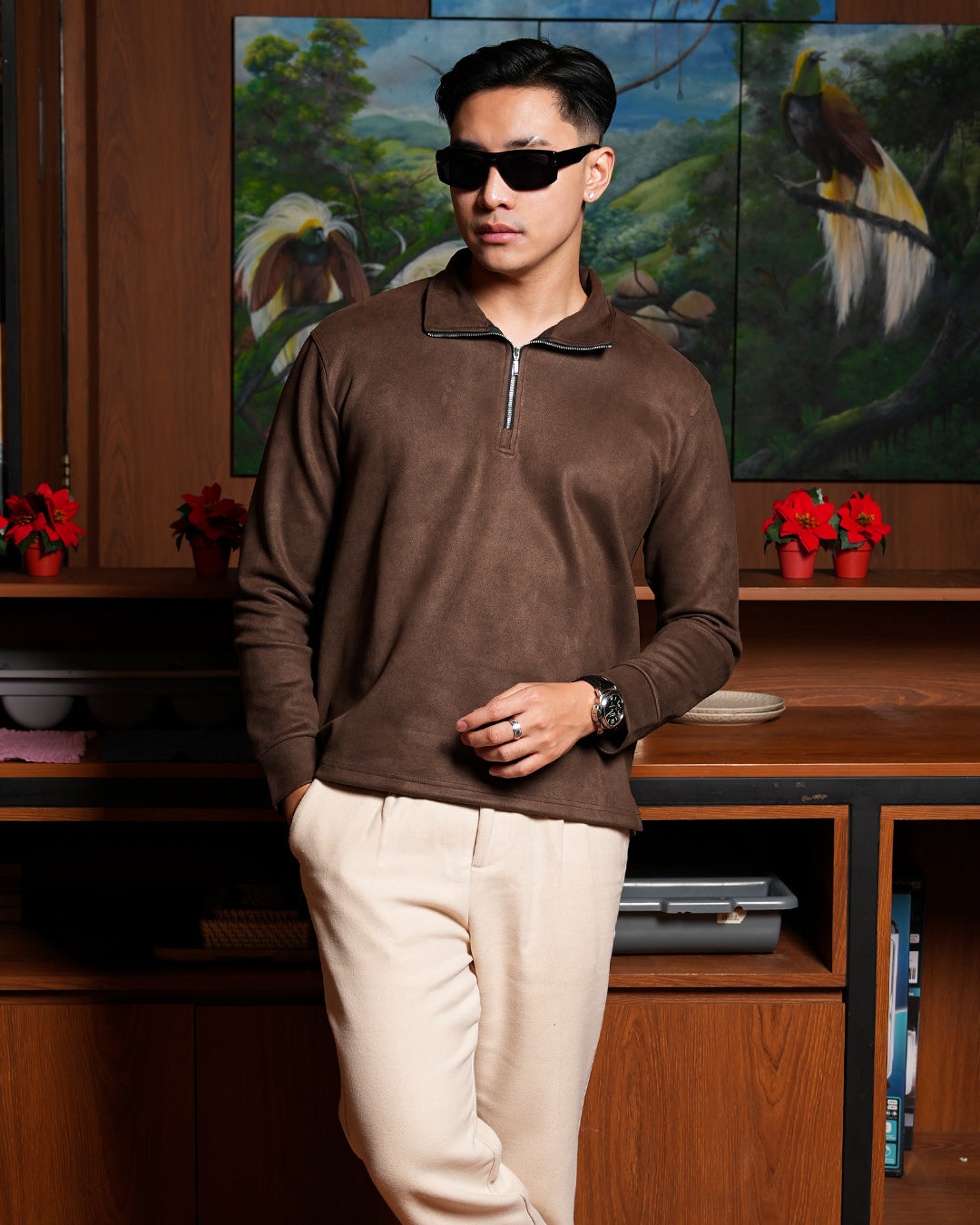 Polo Halfzip Suede Longsleeve - Coffee