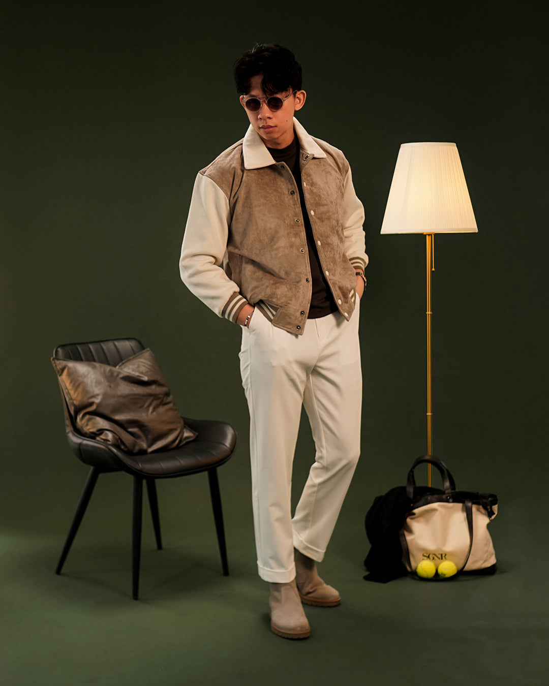 Two Tone Minimal Varsity Jacket Suede mix Fleece - Light Brown