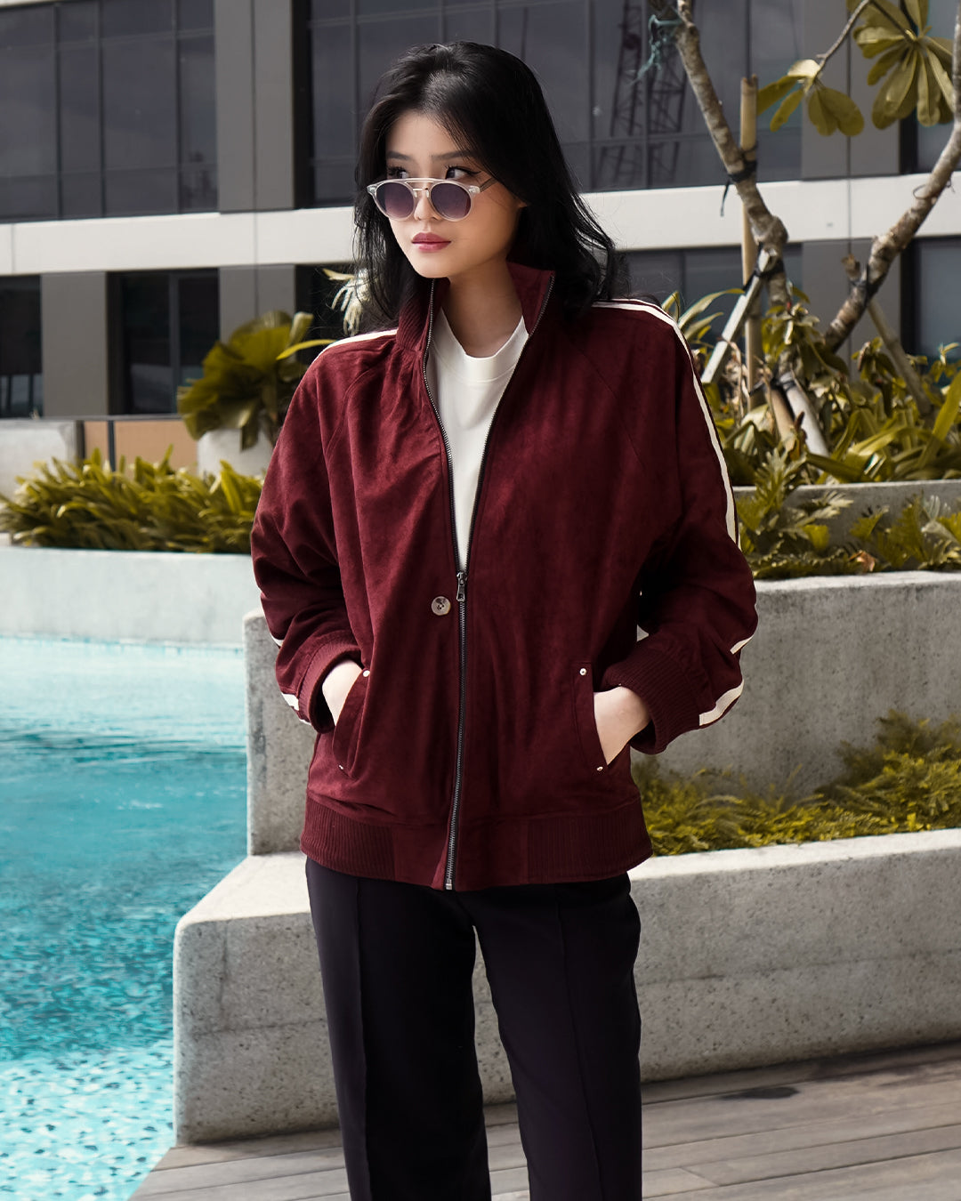 Suede Stripes Jacket w/ Button - Maroon