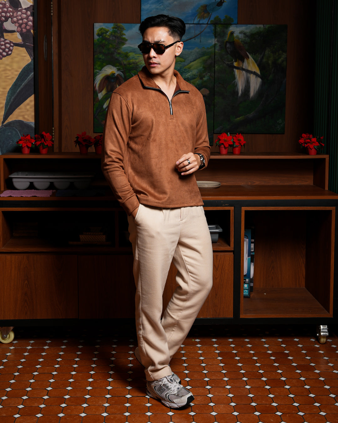 Polo Halfzip Suede Longsleeve - Camel