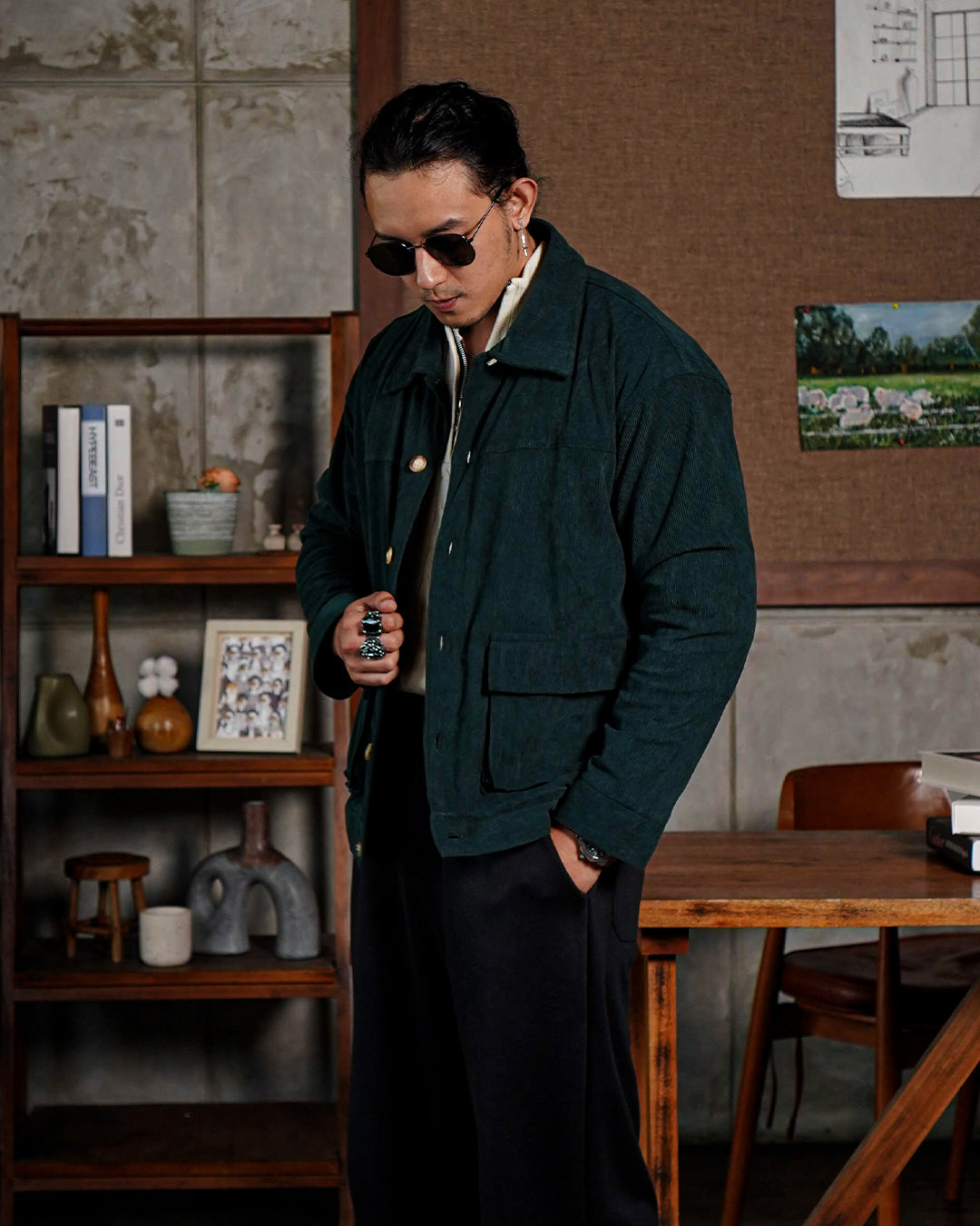 Corduroy Work Jacket Button - Emerald Green