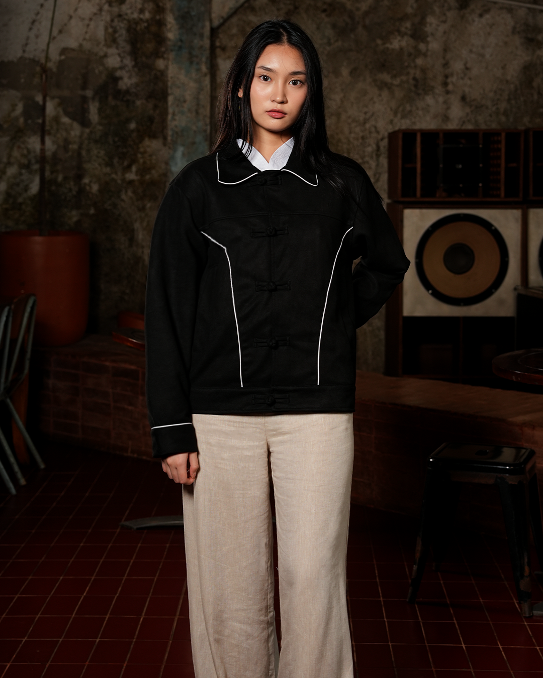 Accent Suede Chongsam Jacket - Black