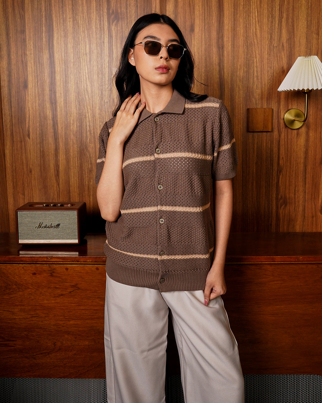 Crochet Shirt Short Sleeve - Brown