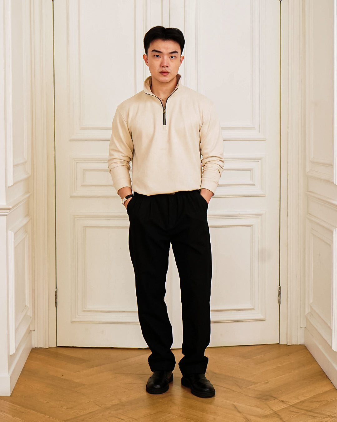 Polo Halfzip Suede Longsleeve - Offwhite