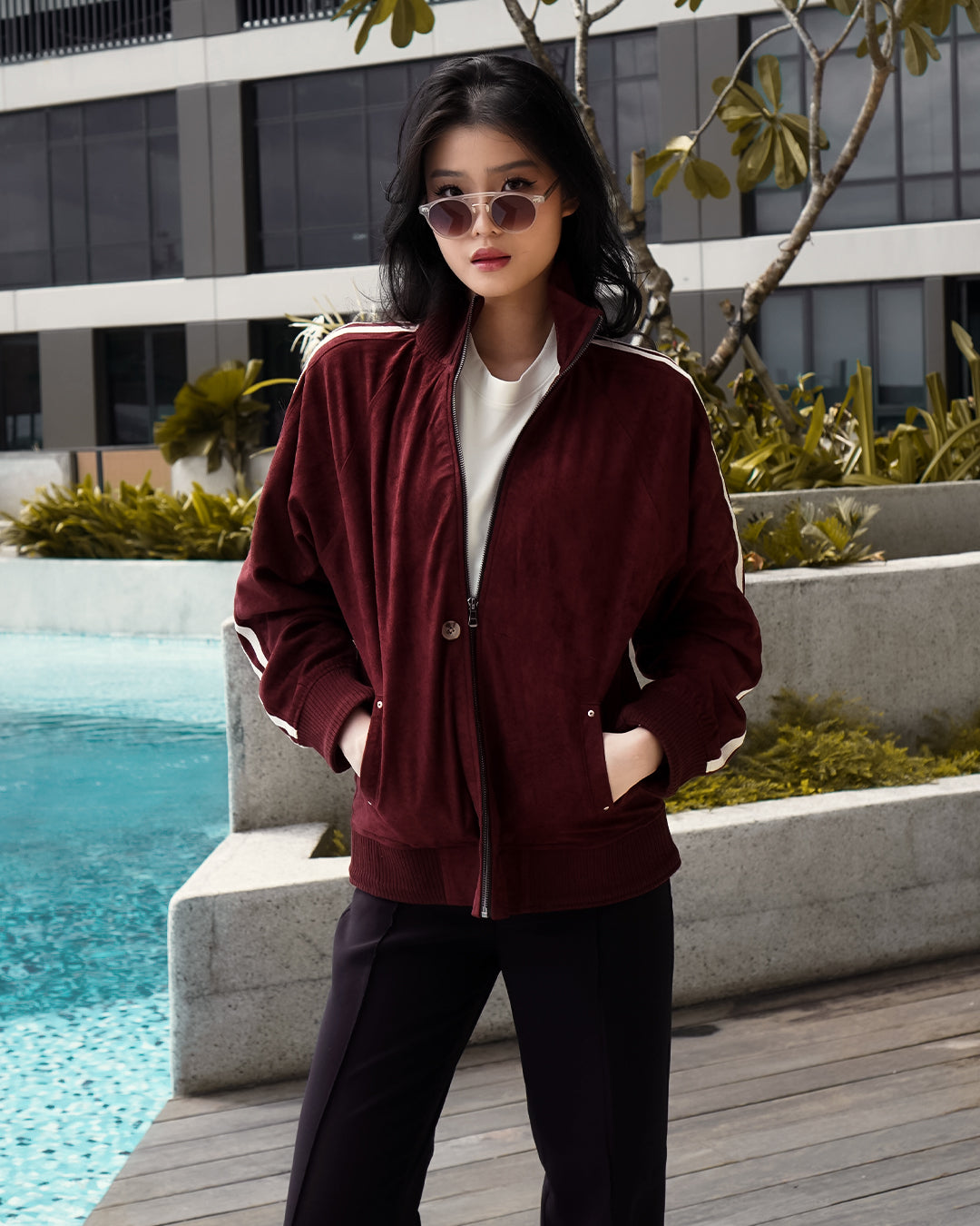 Suede Stripes Jacket w/ Button - Maroon