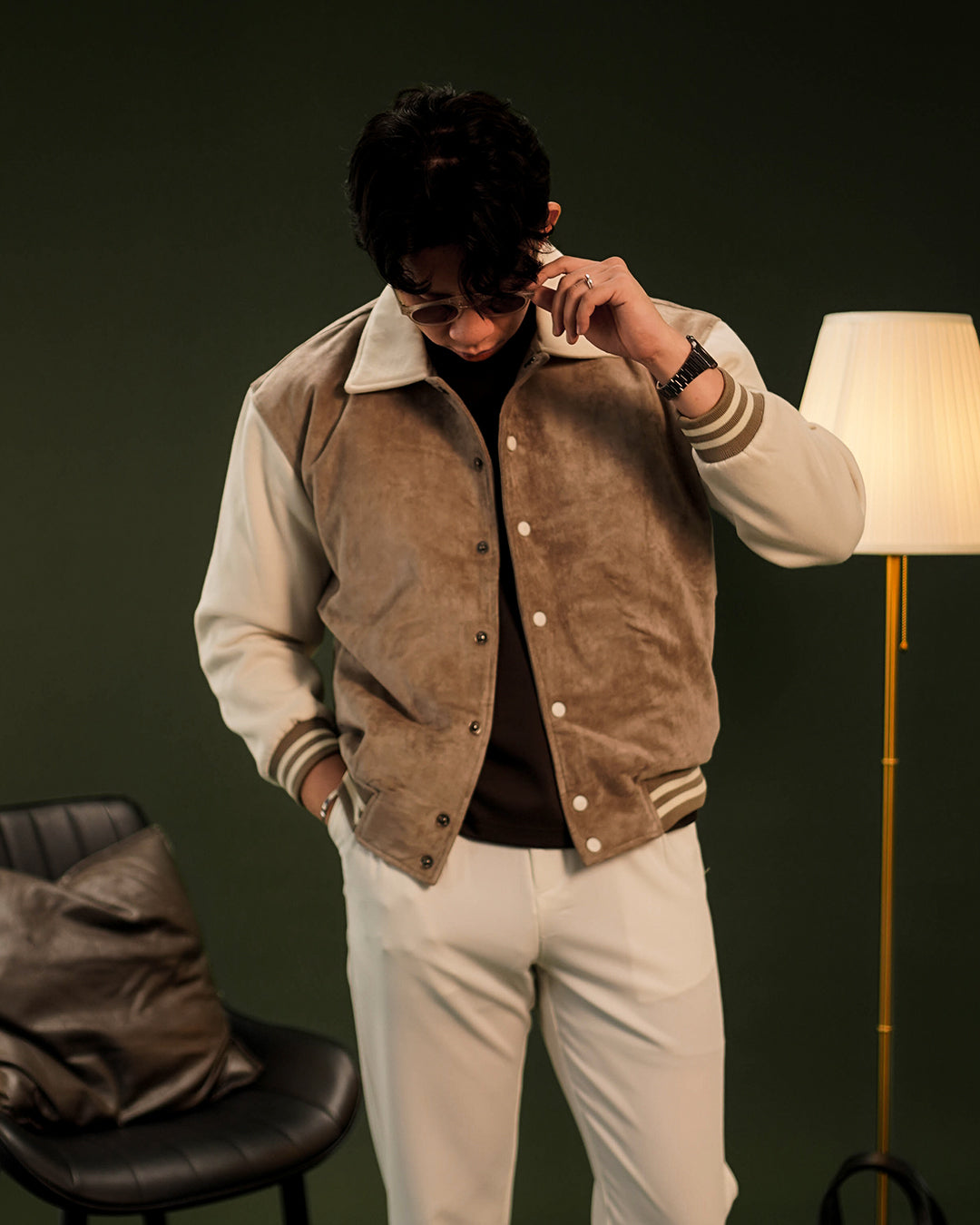Two Tone Minimal Varsity Jacket Suede mix Fleece - Light Brown