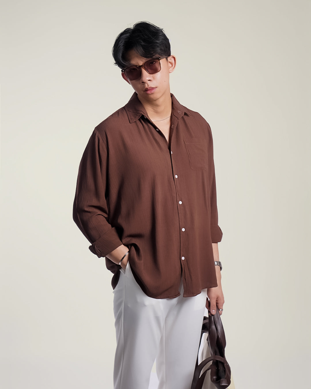 Crinkle Rayon Shirt - Coffee