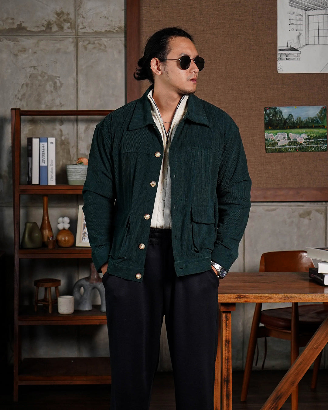 Corduroy Work Jacket Button - Emerald Green