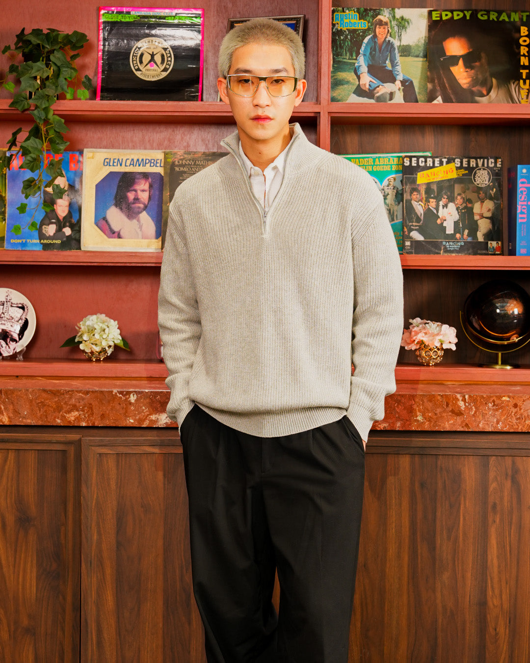 Cotton Rich Half Zip Knitwear - Light Gray