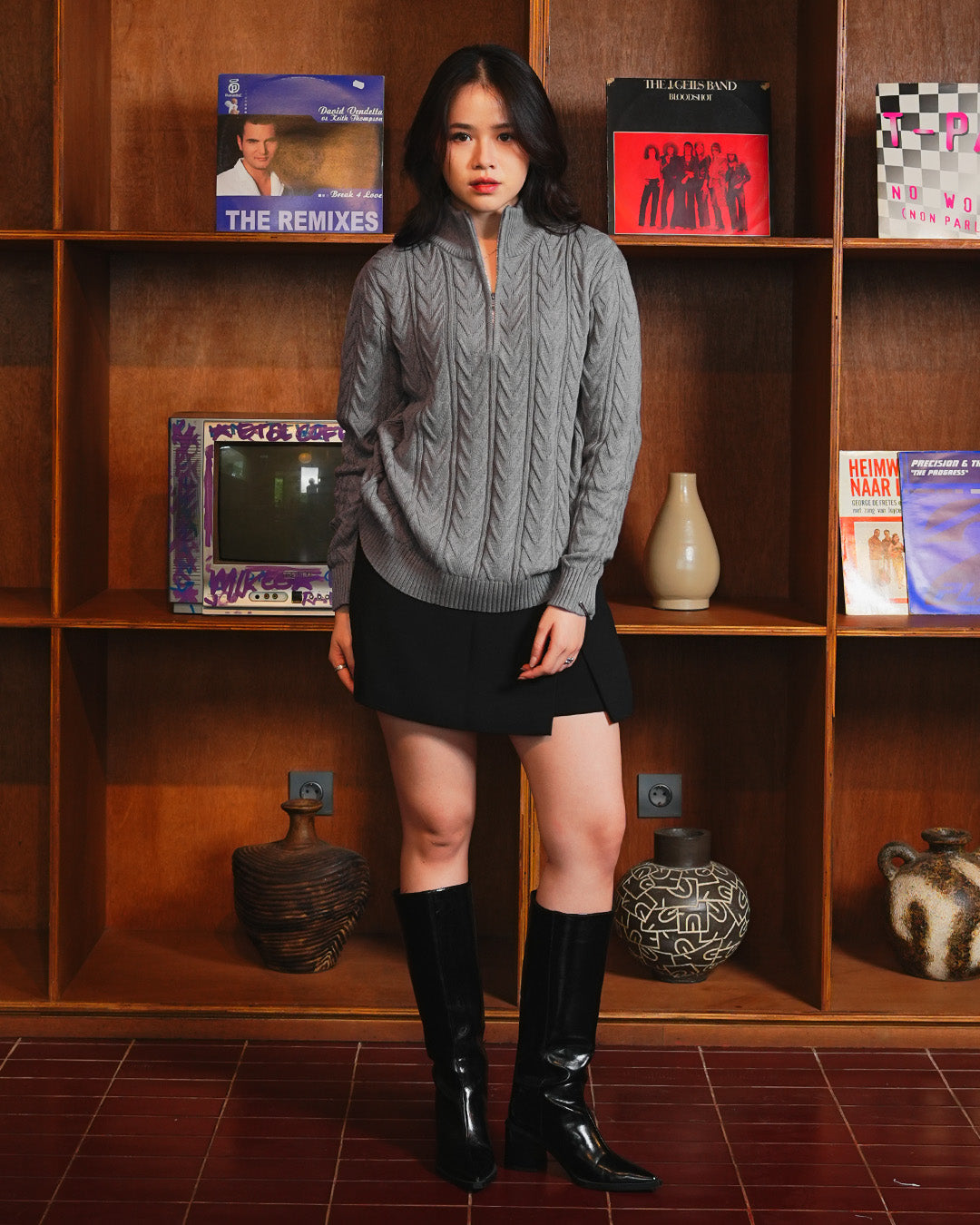 Weave Half Zip Knitwear - Gray