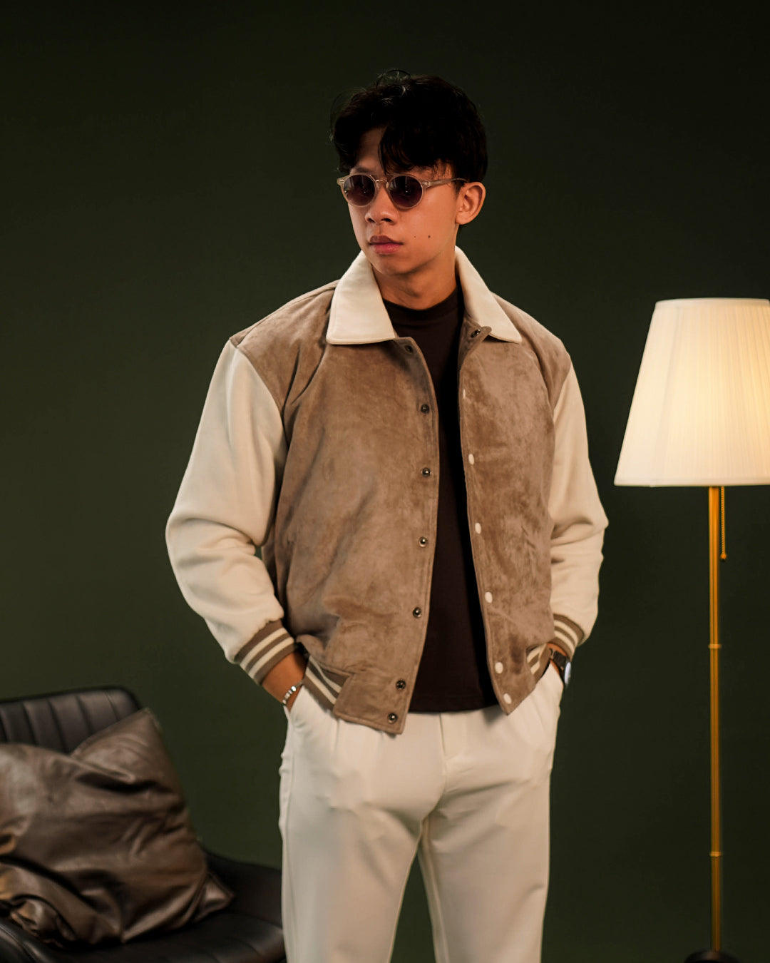 Two Tone Minimal Varsity Jacket Suede mix Fleece - Light Brown