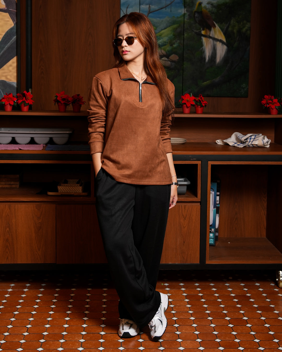 Polo Halfzip Suede Longsleeve - Camel