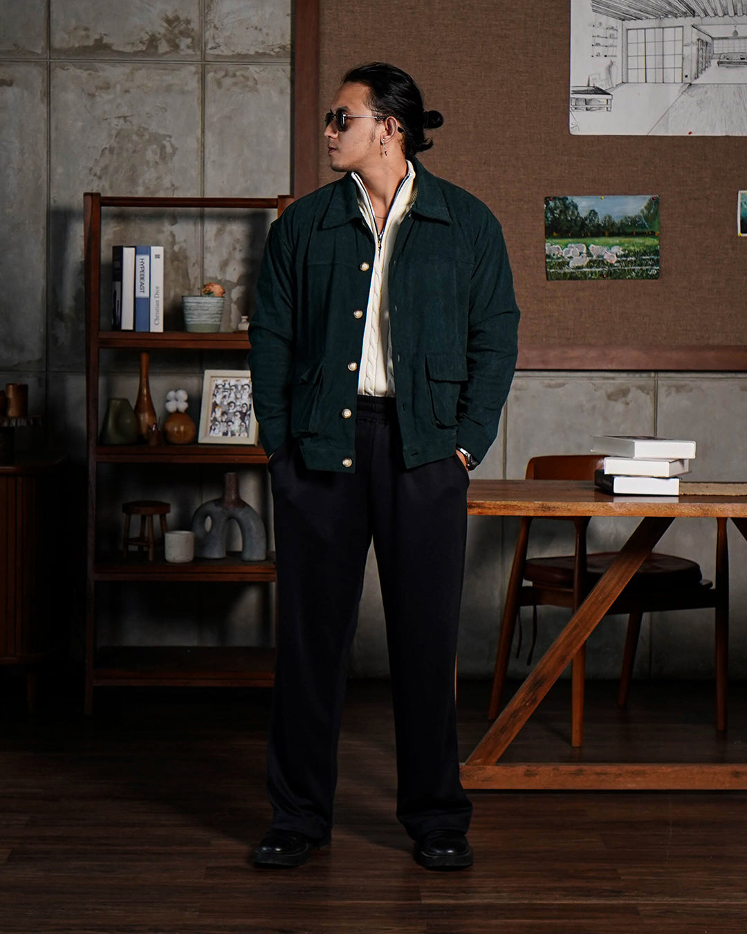 Corduroy Work Jacket Button - Emerald Green