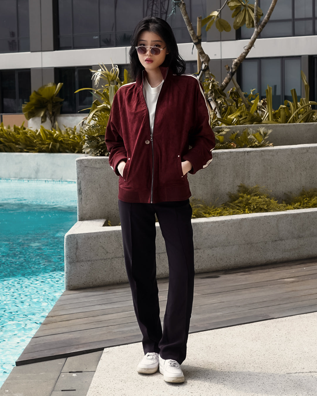 Suede Stripes Jacket w/ Button - Maroon
