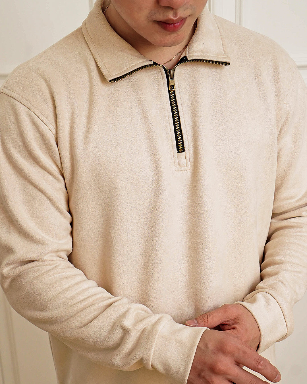 Polo Halfzip Suede Longsleeve - Offwhite