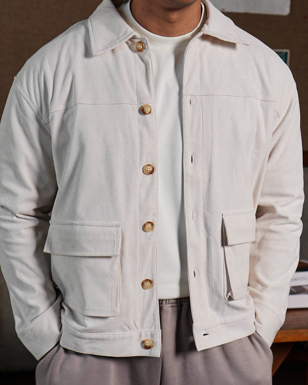 Corduroy Work Jacket Button - Offwhite
