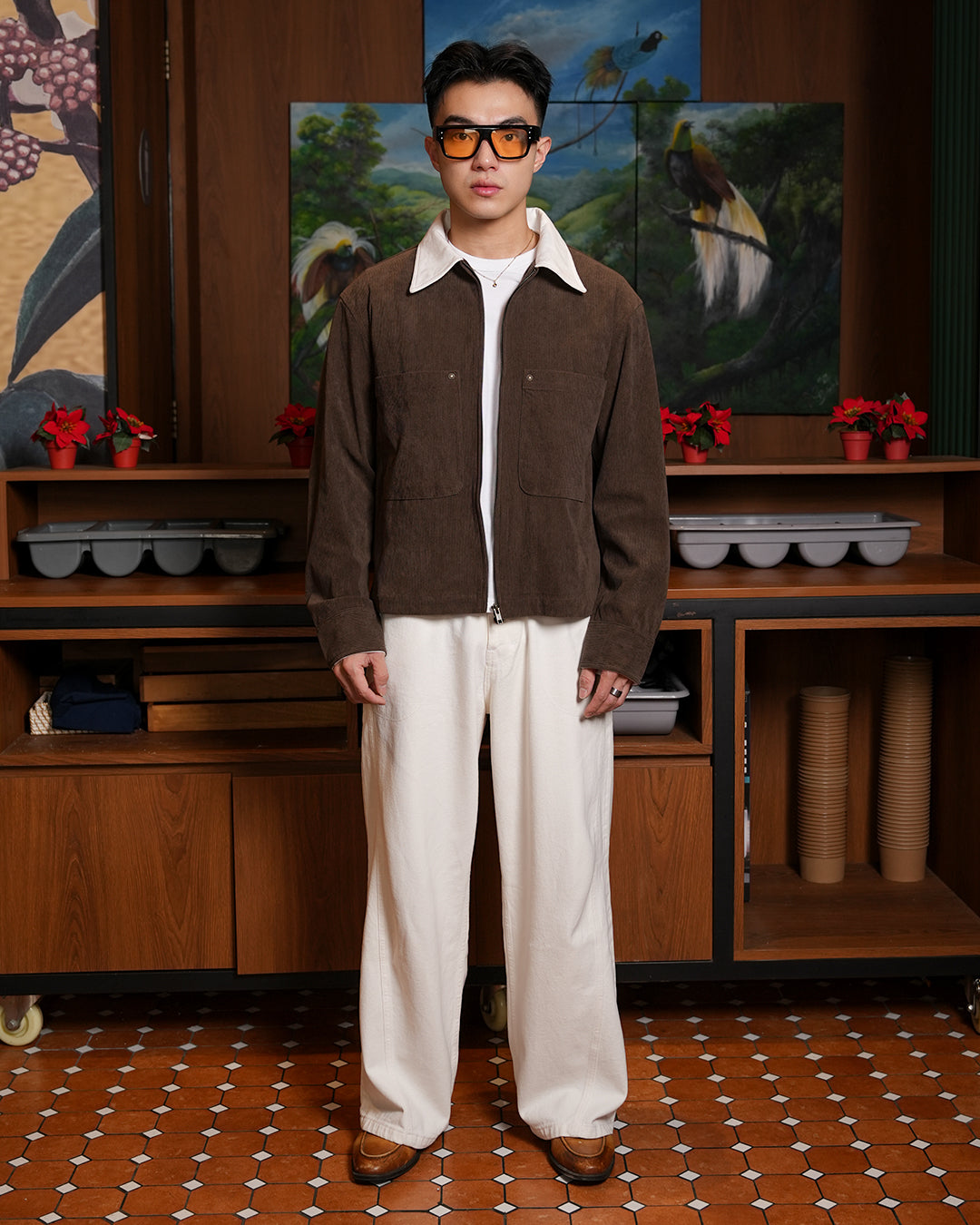 Corduroy Zipper Work Jacket - Coffee