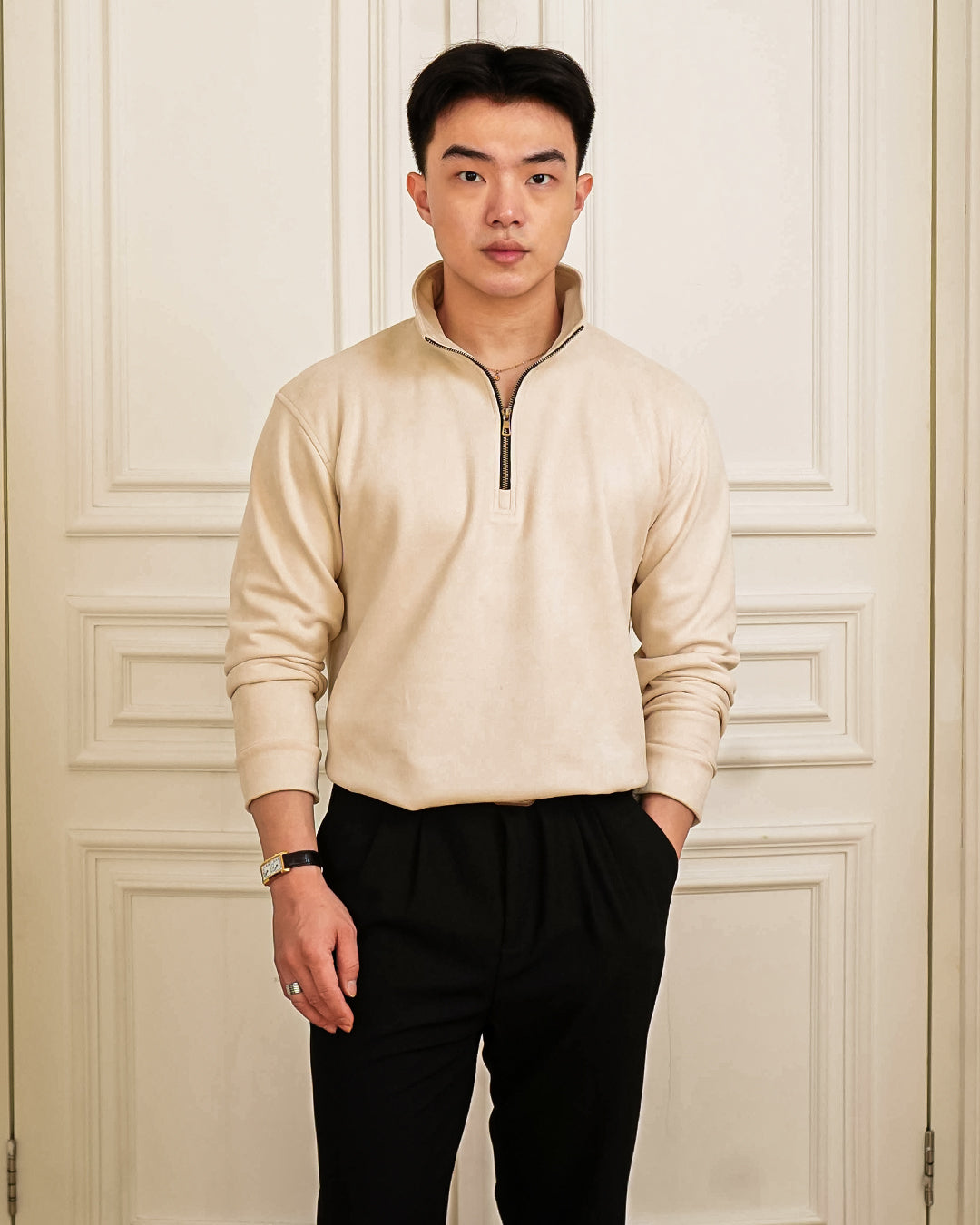 Polo Halfzip Suede Longsleeve - Offwhite