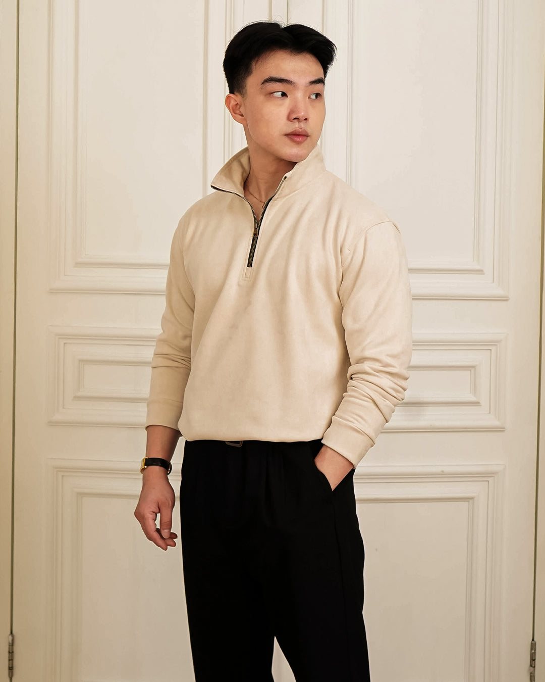 Polo Halfzip Suede Longsleeve - Offwhite