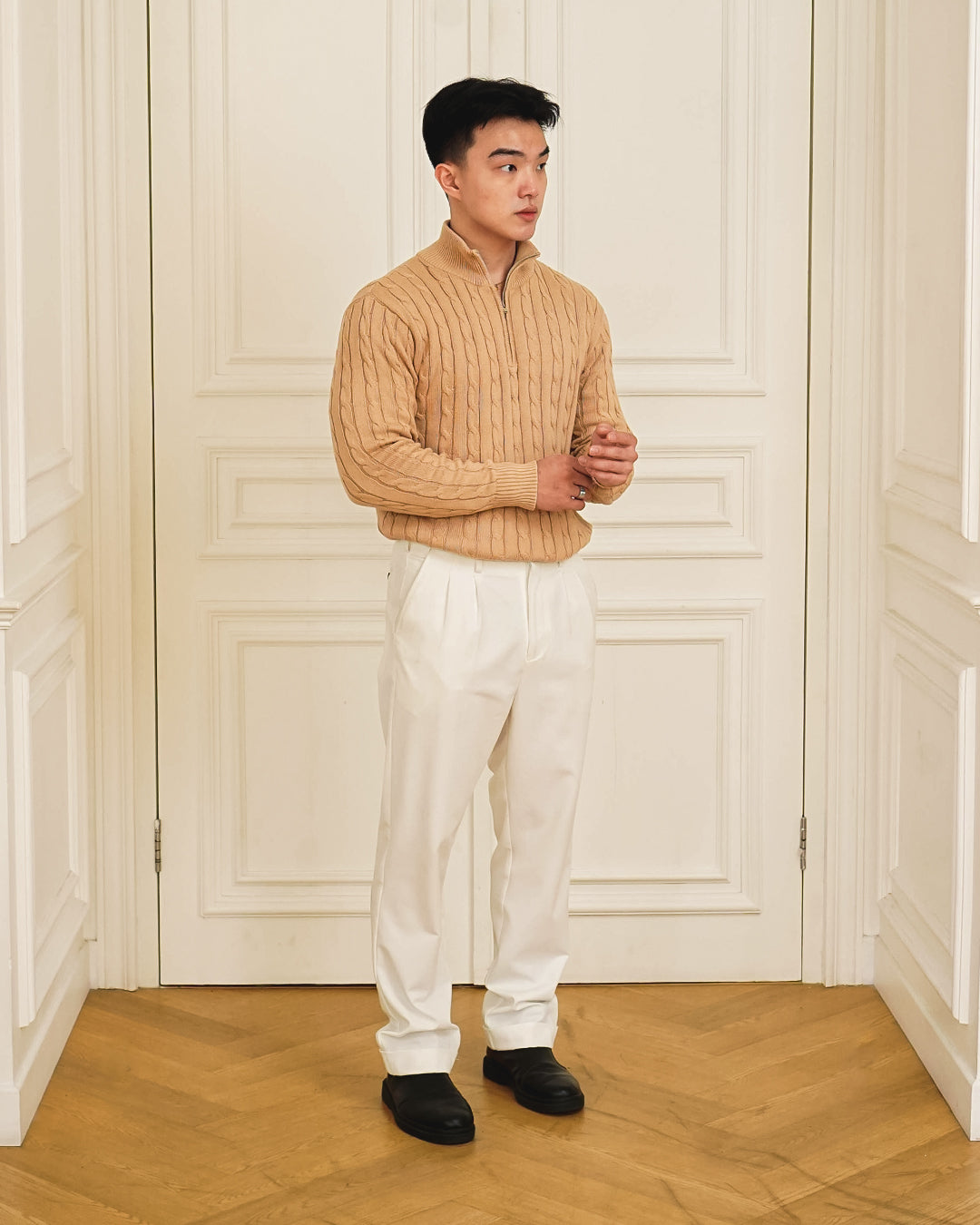 Cable-Knit Cotton GG Half-Zip Sweater - Beige