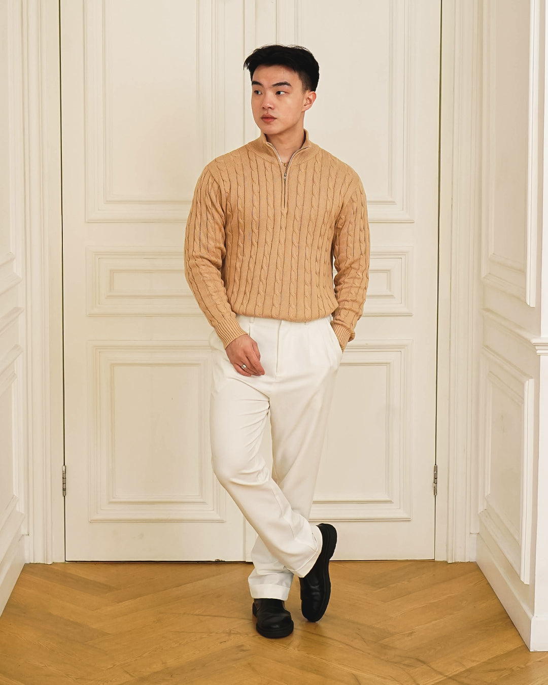 Cable-Knit Cotton GG Half-Zip Sweater - Beige