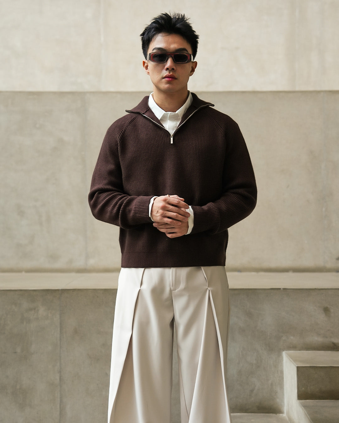 Minimal Knitwear Half Zip - Coffee