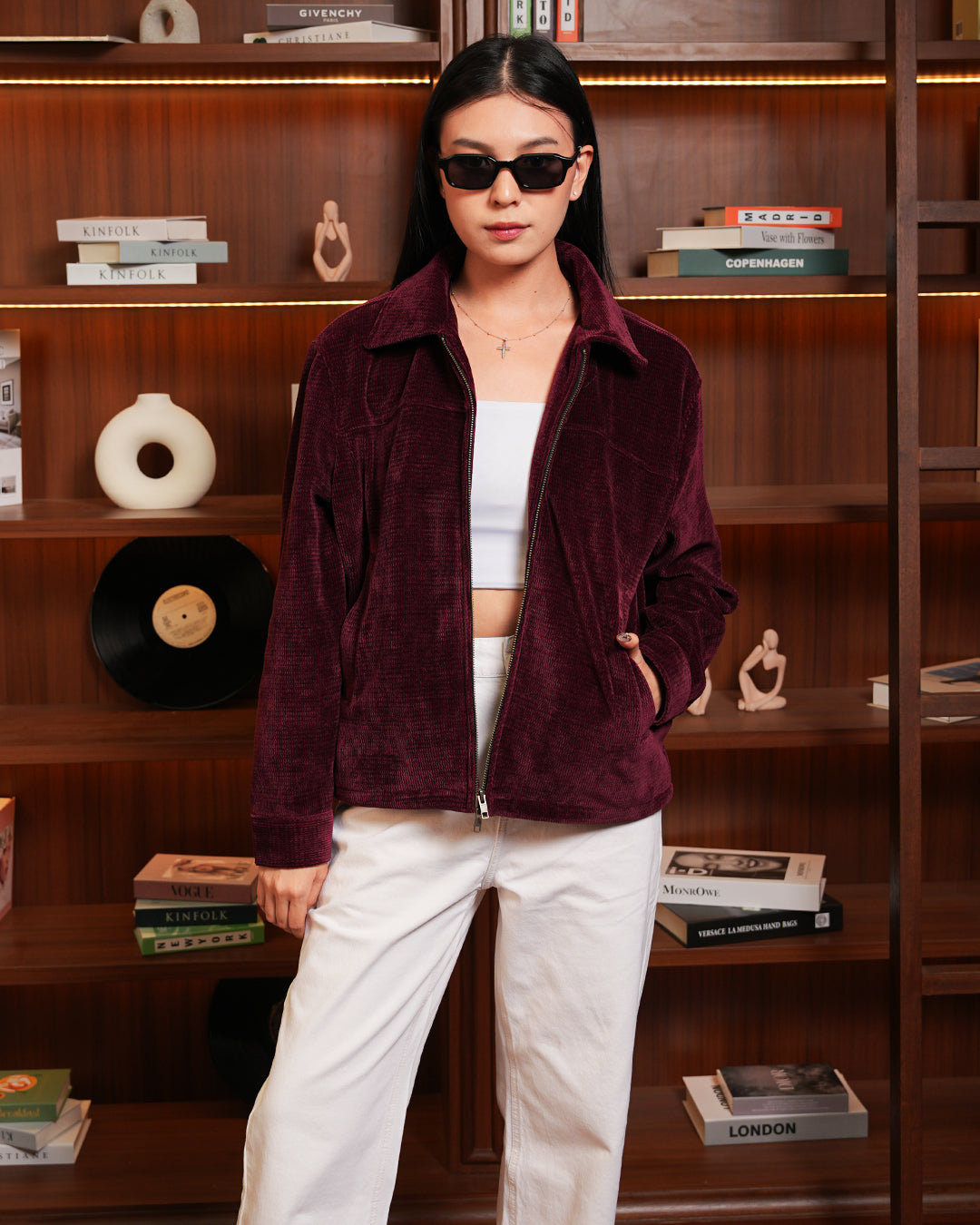 Corduroy Seaweed Minimal Jacket - Red Wine
