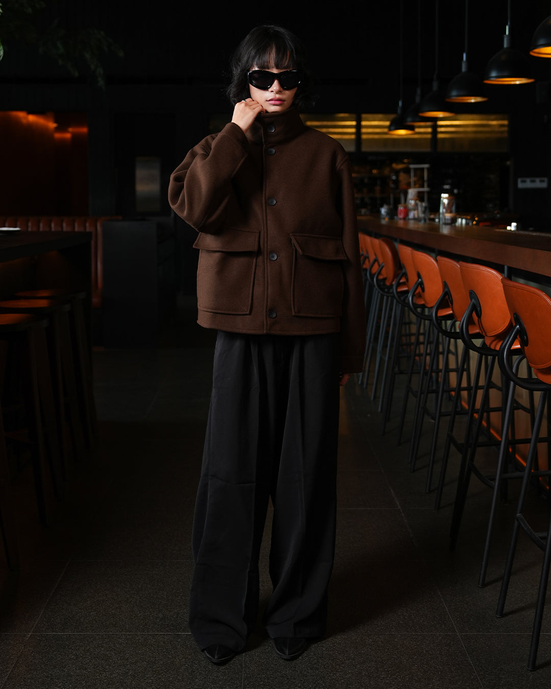 Funnel Neck Wool Fiber - Coffee