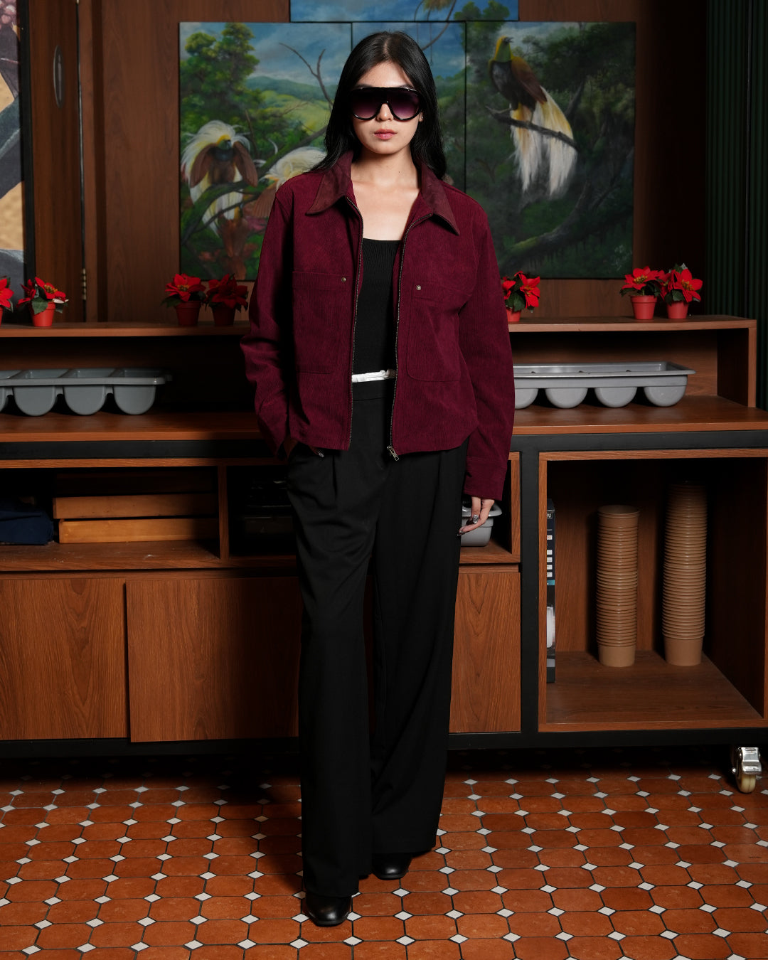 Corduroy Zipper Work Jacket - Maroon