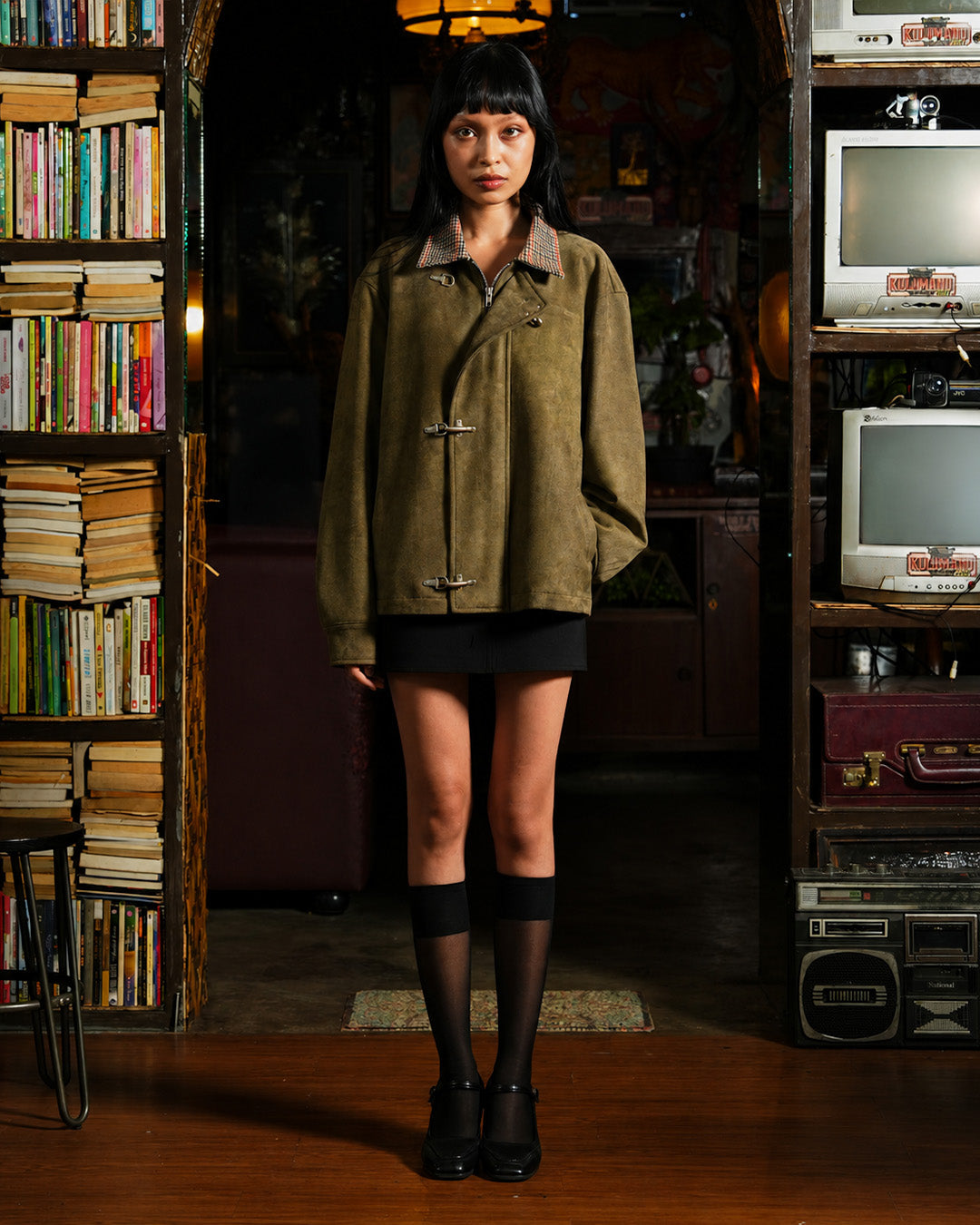 Suede Clasp Jacket mix Flannel - Ivory Plaid