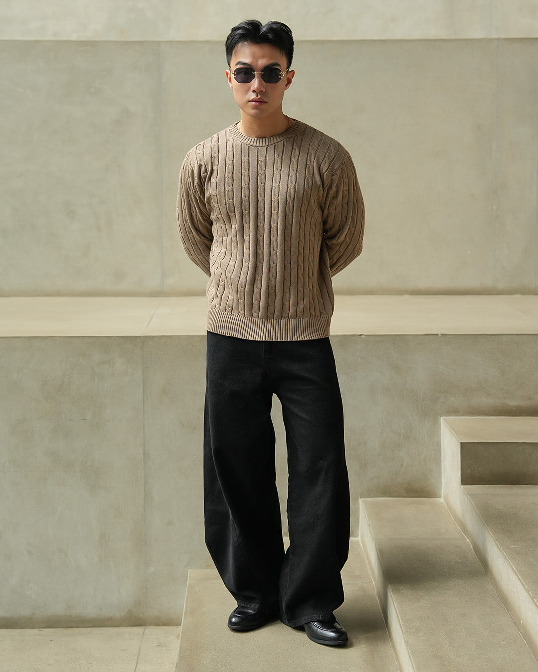 Crewneck Cable-Knit Cotton GG Sweater - Brown