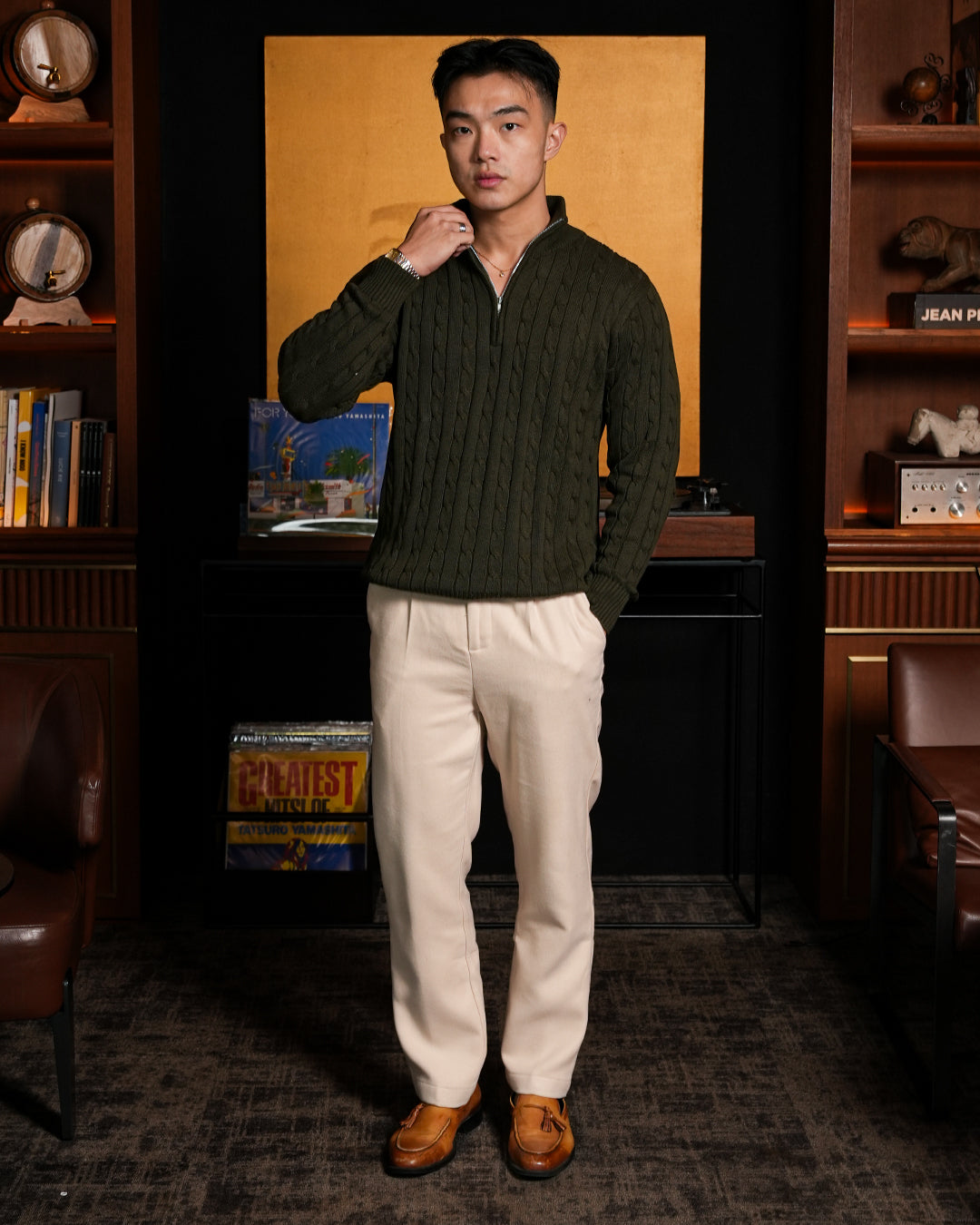 Cable-Knit Cotton GG Half-Zip Sweater - Olive